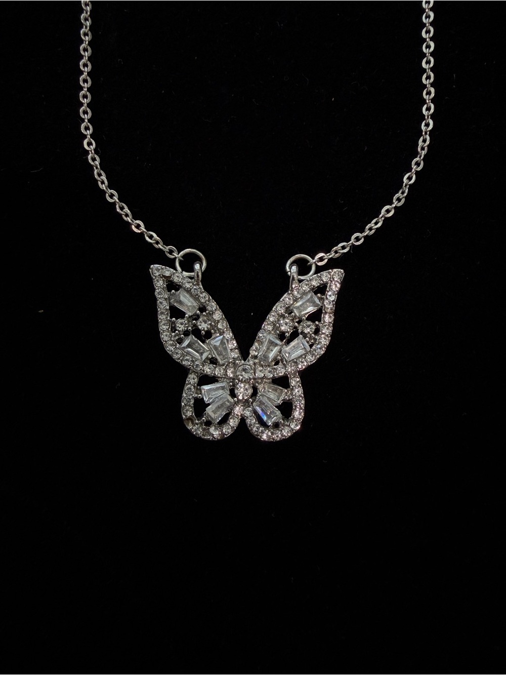 Crystal Butterfly Pendant Necklace - Silver Clear